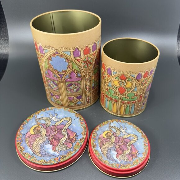 CAFFCO Tin Canister Container Storage Church Angel Dove Pattern Stacking Set 2 - Picture 11 of 15